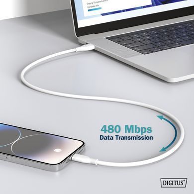 Digitus Кабель USB-A > USB-C заряджання/синхронізації, 2м, USB 2.0, 60W, силіконовий, білий AK-300340-020-W фото