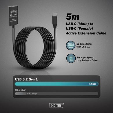 Digitus Удлинитель USB 3.2 Gen1 Active Cable 5G, C/M-C/F, 5м, черный DA-73108 фото