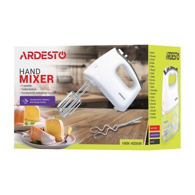 Ручний міксер Ardesto HMK-4006W - 400Вт/5 швидк.+турбо/ 2 віничка/2 гачка/білий HMK-4006W фото