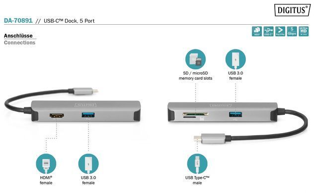 Digitus Док-станция Travel USB-C, 5 Port DA-70891 фото