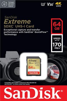 Карта пам'яті SanDisk SD 64GB C10 UHS-I U3 R170/W80MB/s Extreme V30 SDSDXV2-064G-GNCIN фото