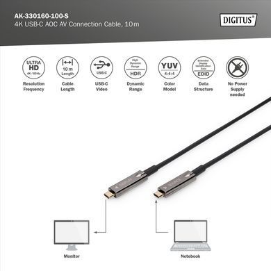 Digitus Кабель USB-C UHD 4K, AOC hybrid-fiber, type C M/M, 10м, чорний AK-330160-100-S фото