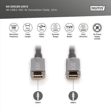Digitus Кабель USB-C UHD 4K, AOC hybrid-fiber, type C M/M, 10м, чорний AK-330160-100-S фото