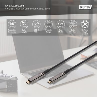 Digitus Кабель USB-C UHD 4K, AOC hybrid-fiber, type C M/M, 10м, чорний AK-330160-100-S фото