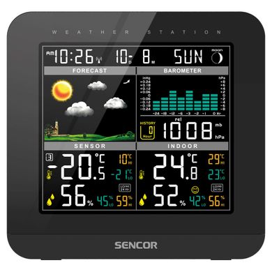 Sencor Метеостанция, внутр/наруж измерение, от сети/AAAх3+AAx2, темп-ра, влажность, время, прогноз погоды, атмосферное давление, чёрный SWS5800 фото