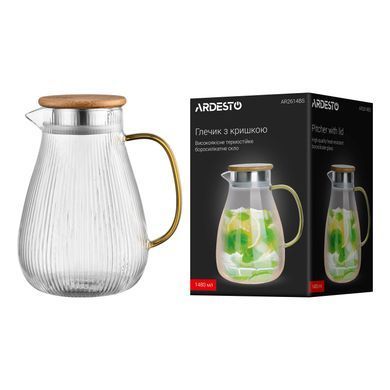 ARDESTO Глечик з кришкою Ardesto 1480мл, боросилікатне скло, нержавіюча сталь, бамбук, прозорий AR2614BSB фото