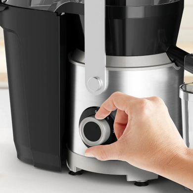 Tefal Соковитискач Nutri XXL відцентрований 1000Вт, чаша-0.8л, жмих-2.2л, жолоб на ціле яблуко, пластик/метал, чорний-нержавіюча сталь ZE660D10 фото