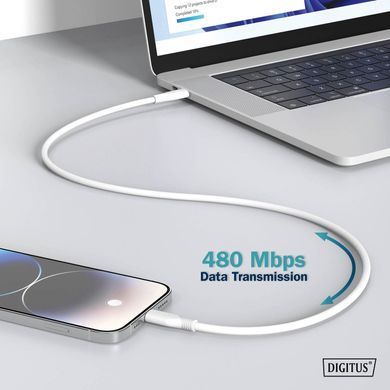 Digitus Кабель USB-C > Lightning зарядки/синхронизации, 1м, USB 2.0, 60W, силиконовый, белый AK-600110-010-W фото