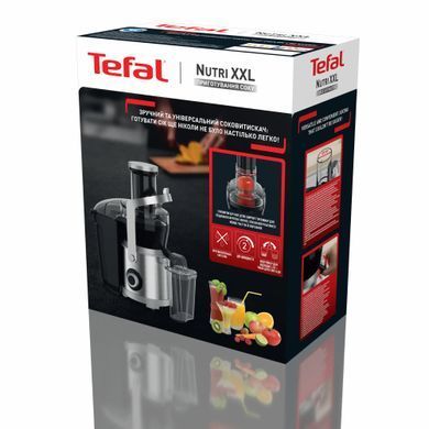 Tefal Соковитискач Nutri XXL відцентрований 1000Вт, чаша-0.8л, жмих-2.2л, жолоб на ціле яблуко, пластик/метал, чорний-нержавіюча сталь ZE660D10 фото