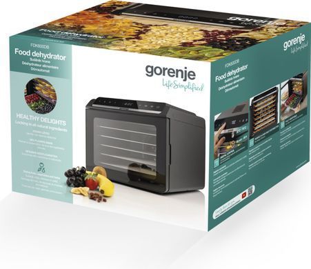 Gorenje Сушарка для продуктів Gorenje 580Вт, піддонів - 6x1.5см, діаметр - 25см, макс - 75&deg;С, дисплей, пластик+метал, чорний FDK600DB фото
