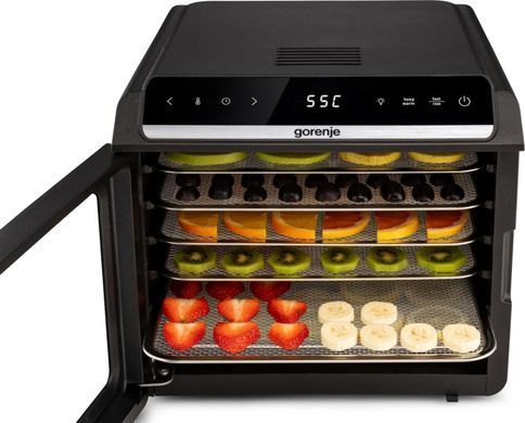 Gorenje Сушарка для продуктів Gorenje 580Вт, піддонів - 6x1.5см, діаметр - 25см, макс - 75&deg;С, дисплей, пластик+метал, чорний FDK600DB фото