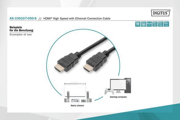 Digitus Кабель HDMI (M/M), 5м, High speed/Ethernet, чорний AK-330107-050-S фото