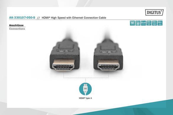 Digitus Кабель HDMI (M/M), 5м, High speed/Ethernet, чорний AK-330107-050-S фото