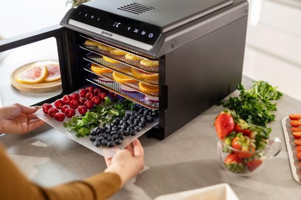 Gorenje Сушарка для продуктів Gorenje 580Вт, піддонів - 6x1.5см, діаметр - 25см, макс - 75&deg;С, дисплей, пластик+метал, чорний FDK600DB фото