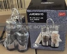 ARDESTO Набір для солі та перцю на підставці Ardesto Gemini, 13см, 4 предмети, нержавіюча сталь, скло, прозорий AR0937 фото