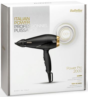 BaByliss Фен AC motor PRO, 2000Вт, 2 режими, дифузор, хол. обдув, чорний 6704E фото