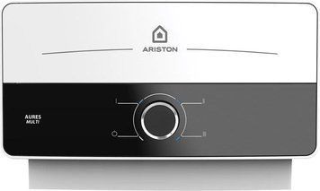 Ariston Водонагрівач електр. Ariston AURES M 7 EU проточний, 5л.хв, 7кВт, гор-ний монтаж, мех. кер-ння, A, біло-чорний