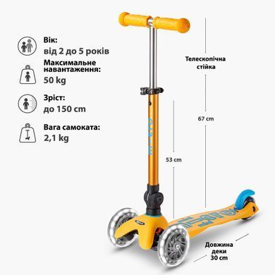 Самокат MICRO серії "Mini Deluxe Foldable LED" &ndash; АБРИКОСОВИЙ (складаний, до 50 кг (kg), триколісний, світло) MMD397 фото