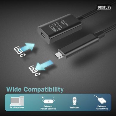 Digitus Удлинитель DIGITUS USB 3.2 Gen2 Active Cable 10G, C/M-C/F, 5м, черный DA-73112 фото
