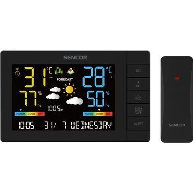 Sencor Метеостанція, внутр/зовн вимірювання, від мережі/AAx3+AAx2, темп-ра, вологість, час, прогноз погоди, атмосферний тиск, чорний SWS4440 фото