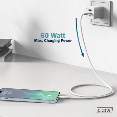 Digitus Кабель USB-C > Lightning зарядки/синхронизации, 2м, USB 2.0, 60W, силиконовый, белый AK-600110-020-W фото