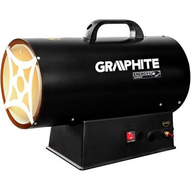 Теплова гармата газова GRAPHITE, акумуляторна 18В, 30кВт, 500м куб./г, 0.7бар, витрата 2.18кг/г, редуктор тиску, шланг 1.5м, п’єзозапалювання, IP24 58GE101 фото