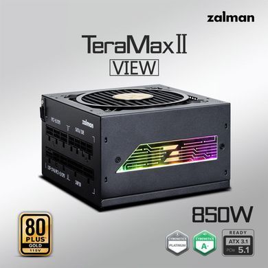 Zalman Блок питания Teramax 2 View (850W) 99%, 80+ Gold, 120мм, 1xMB 24pin(18+10), 2xCPU(4+4 pin), 3xMolex, 12xSATA, 4xPCIe 8pin(6+2), 1xPCIe GEN5 16pin, 1x +5V ARGB cable, Fully Modular ZM850-TMX2VIEW фото