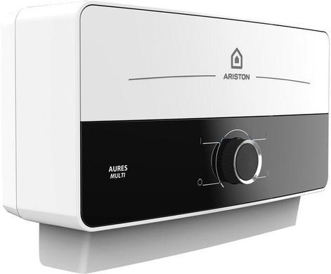 Ariston Водонагрівач електр. Ariston AURES M 7 EU проточний, 5л.хв, 7кВт, гор-ний монтаж, мех. кер-ння, A, біло-чорний