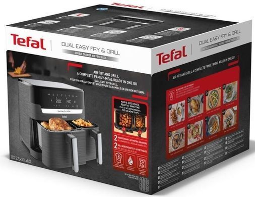 Tefal Мультипечь Dual EasyFry&Grill AirFryer, 2700Вт, чаша-5.2+3.1л, сенсорное управл., 2 чаши, гриль, пластик, черный EY905B10 фото