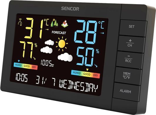Sencor Метеостанція, внутр/зовн вимірювання, від мережі/AAx3+AAx2, темп-ра, вологість, час, прогноз погоди, атмосферний тиск, чорний SWS4440 фото