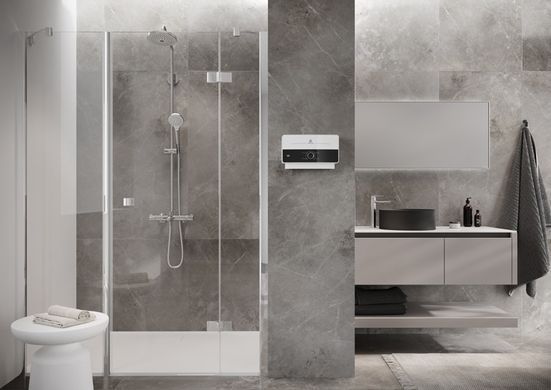 Ariston Водонагрівач електр. Ariston AURES M 7 EU проточний, 5л.хв, 7кВт, гор-ний монтаж, мех. кер-ння, A, біло-чорний