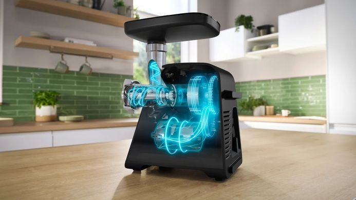 Bosch М'ясорубка Bosch, 2100Вт, 3.5кг/хв, 2 решітки, насадка для ковбас, кеббе, соковижималка, пластик, чорний MFWS650B фото