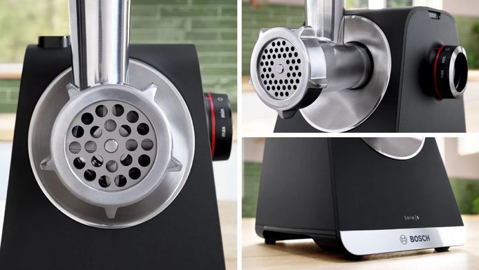 Bosch М'ясорубка Bosch, 2100Вт, 3.5кг/хв, 2 решітки, насадка для ковбас, кеббе, соковижималка, пластик, чорний MFWS650B фото