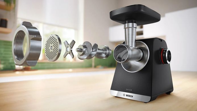 Bosch М'ясорубка Bosch, 2100Вт, 3.5кг/хв, 2 решітки, насадка для ковбас, кеббе, соковижималка, пластик, чорний MFWS650B фото
