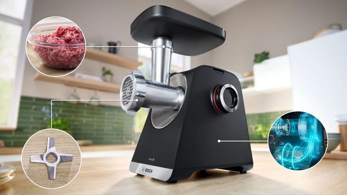Bosch М'ясорубка Bosch, 2100Вт, 3.5кг/хв, 2 решітки, насадка для ковбас, кеббе, соковижималка, пластик, чорний MFWS650B фото