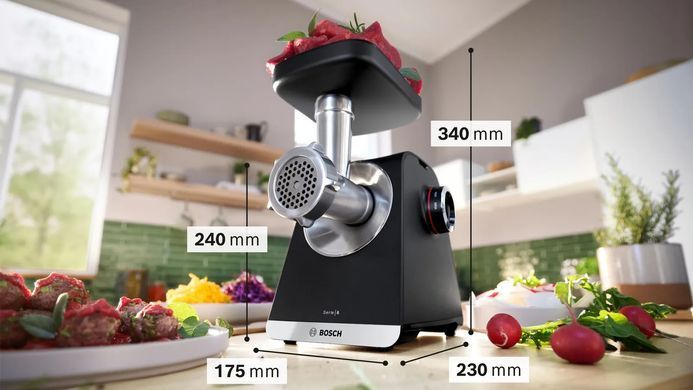 Bosch М'ясорубка Bosch, 2100Вт, 3.5кг/хв, 2 решітки, насадка для ковбас, кеббе, соковижималка, пластик, чорний MFWS650B фото