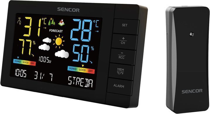 Sencor Метеостанція, внутр/зовн вимірювання, від мережі/AAx3+AAx2, темп-ра, вологість, час, прогноз погоди, атмосферний тиск, чорний SWS4440 фото