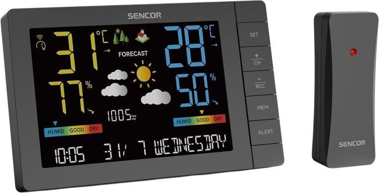Sencor Метеостанція, внутр/зовн вимірювання, від мережі/AAx3+AAx2, темп-ра, вологість, час, прогноз погоди, атмосферний тиск, чорний SWS4440 фото