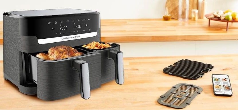 Tefal Мультипечь Dual EasyFry&Grill AirFryer, 2700Вт, чаша-5.2+3.1л, сенсорное управл., 2 чаши, гриль, пластик, черный EY905B10 фото