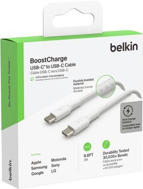 Belkin Кабель USB-C > USB-C заряджання/синхронізації 2м, 60Вт, Type-C, плетений, білий CAB004BT2MWH фото