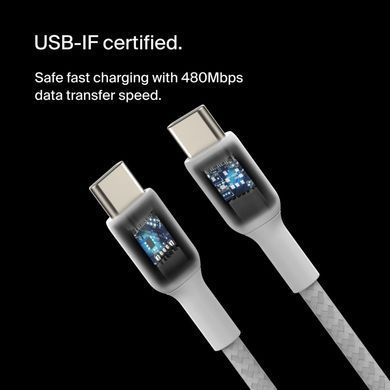 Belkin Кабель USB-C > USB-C заряджання/синхронізації 2м, 60Вт, Type-C, плетений, білий CAB004BT2MWH фото
