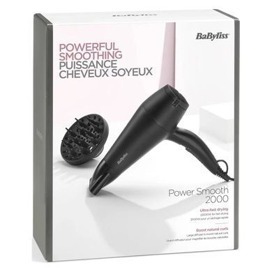 BaByliss Фен, 2000Вт, 2 режими, іонізація, хол. обдув, 2 насадки, чорний D215DE фото