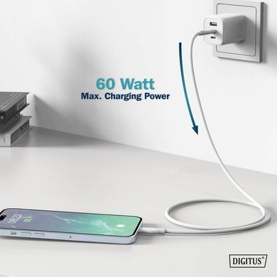 Digitus Кабель USB-C > USB-C заряджання/синхронізації, 1м, USB 2.0, 60W, силіконовий, білий AK-300341-010-W фото