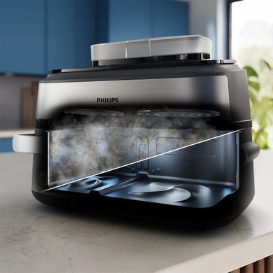 Philips Мультипіч Philips Ovi Dual SteamFry 2750Вт, чаша-3+6л, сенсорне управл., 8 авто. програм, пластик/метал, сірий NA565/02 фото