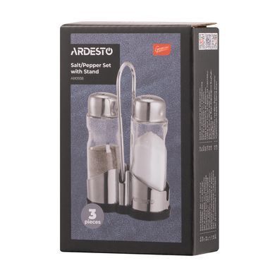 ARDESTO Набор для соли и перца на подставке Ardesto Gemini, 12см, 3 предмета, нержавеющая сталь, стекло, прозрачный AR0938 фото