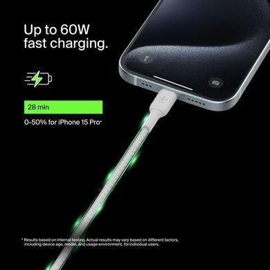 Belkin Кабель USB-C > USB-C заряджання/синхронізації 2м, 60Вт, Type-C, плетений, білий CAB004BT2MWH фото