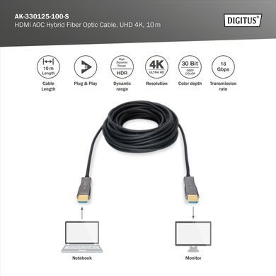 Digitus Кабель HDMI UHD 4K, AOC hybrid-fiber, type A M/M, 10м, черный AK-330125-100-S фото