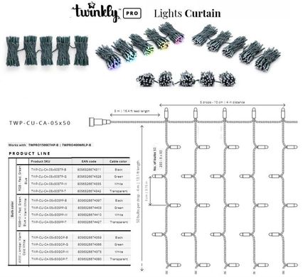 Smart LED Гірлянда Twinkly Pro Curtain RGB 250, AWG22, IP65, зелений TWP-CU-CA-05X50STP-G фото