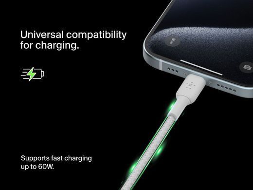 Belkin Кабель USB-C > USB-C заряджання/синхронізації 2м, 60Вт, Type-C, плетений, білий CAB004BT2MWH фото