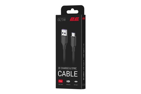 2E Кабель USB-A > USB-C заряджання/синхронізації 1м, Type-C, Glow, чорний 2E-CCAC-BL фото